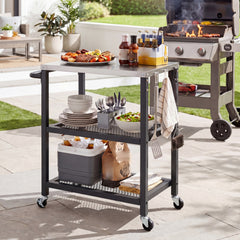 3-Tier Rolling Grill Cart with Stainless Top and Hanging Posts for Kitchen-Black