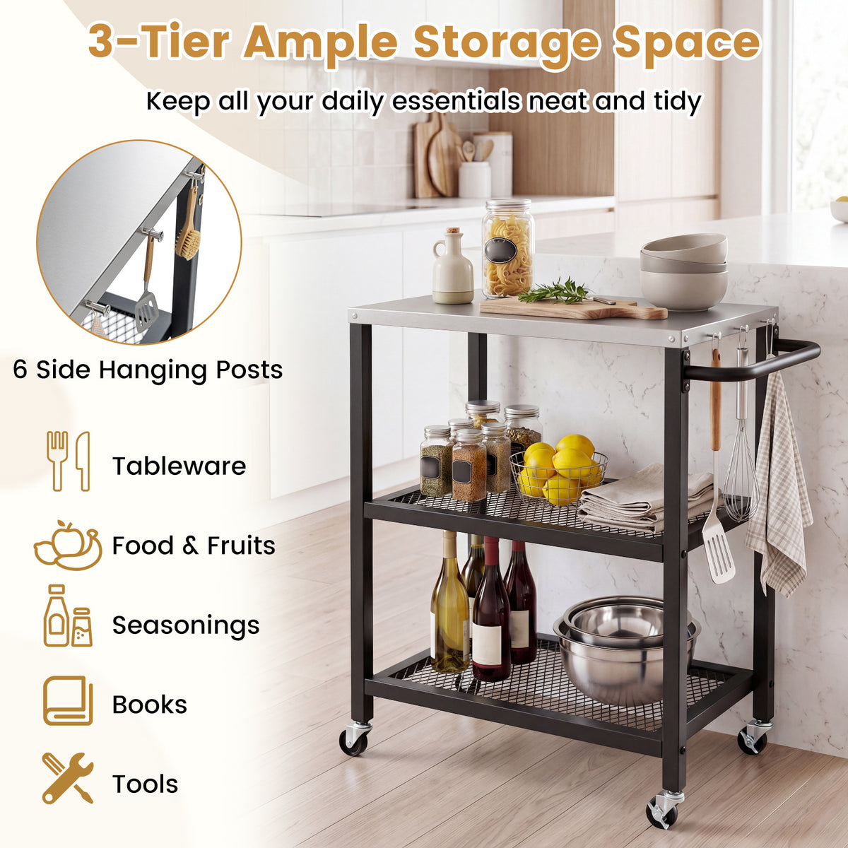 3-Tier Rolling Grill Cart with Stainless Top and Hanging Posts for Kitchen-Black