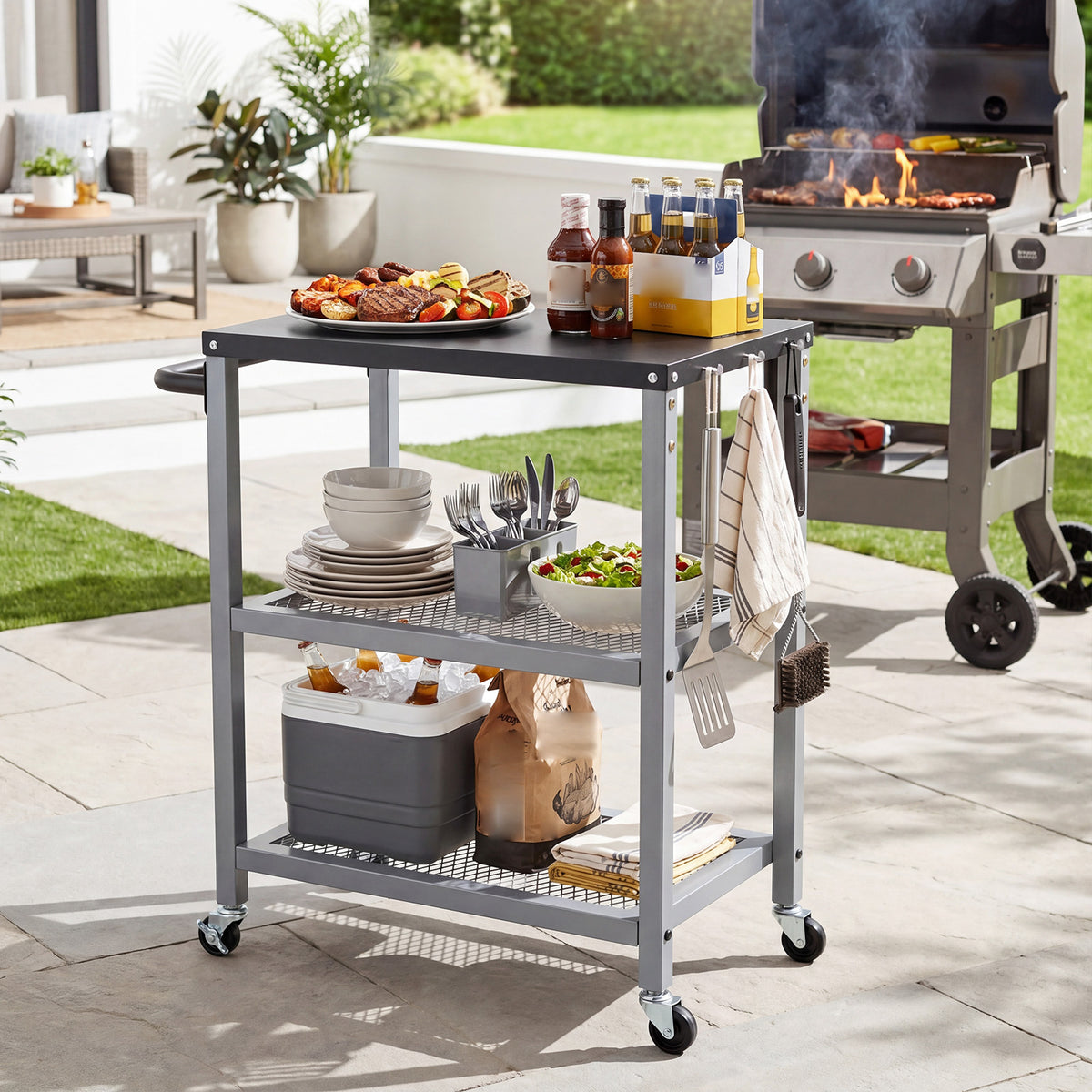 3-Tier Rolling Grill Cart with Stainless Top and Hanging Posts for Kitchen-Silver