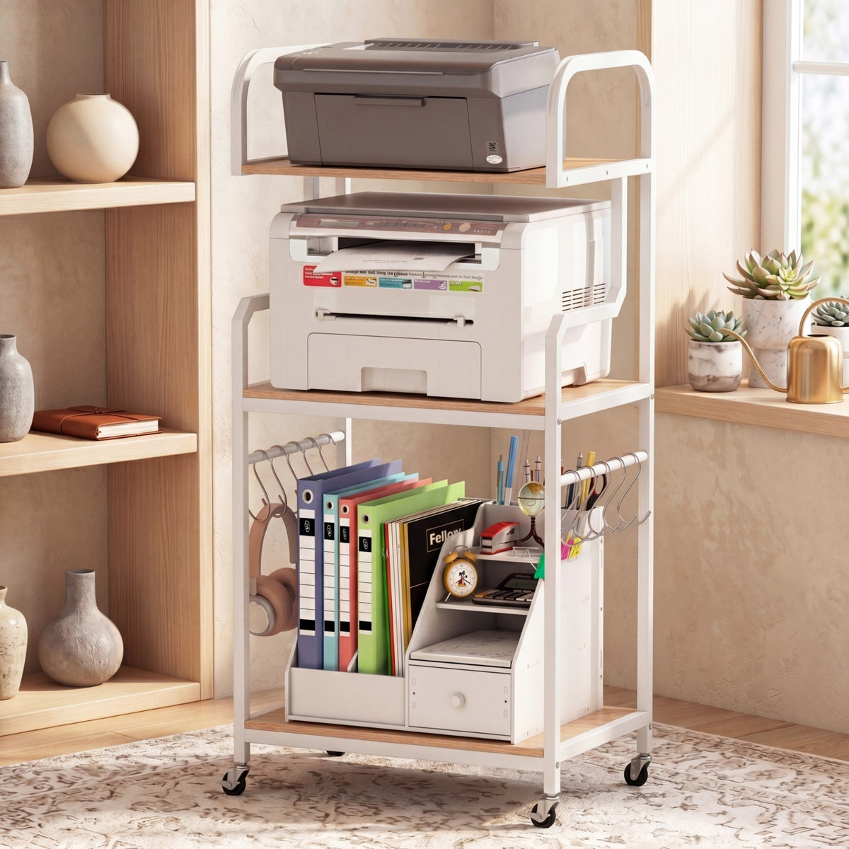 3-Tier Rolling Printer Stand with Storage Shelves and Hooks-Natural
