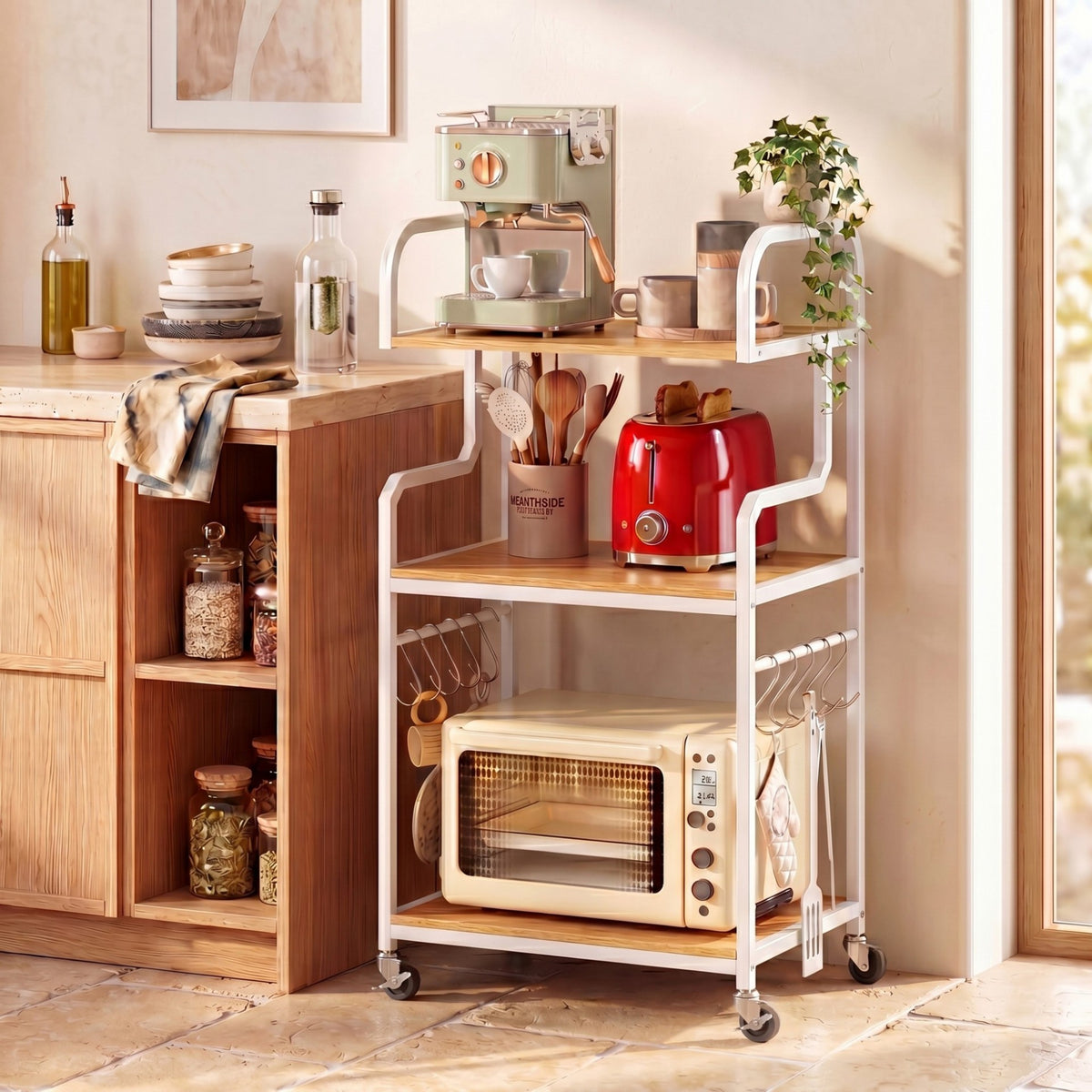 3-Tier Rolling Printer Stand with Storage Shelves and Hooks-Natural