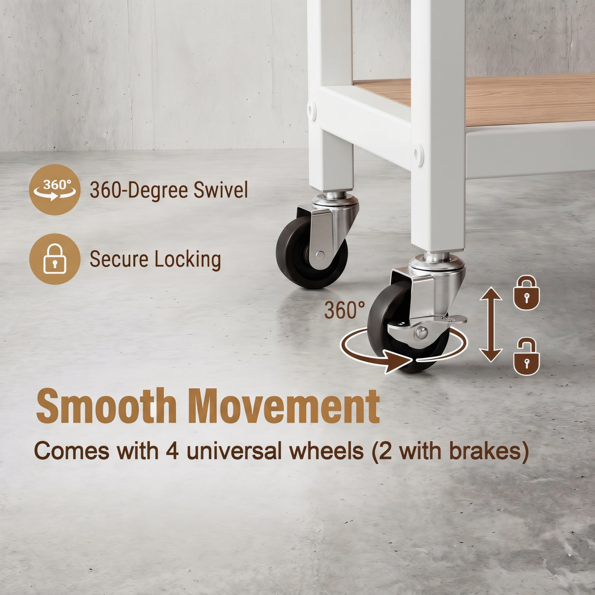 3-Tier Rolling Printer Stand with Storage Shelves and Hooks-Natural