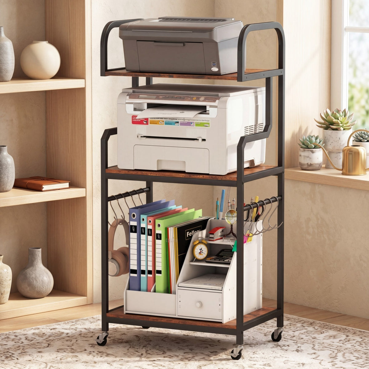 3-Tier Rolling Printer Stand with Storage Shelves and Hooks-Rustic Brown