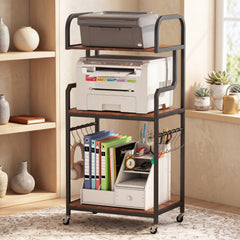 3-Tier Rolling Printer Stand with Storage Shelves and Hooks-Rustic Brown