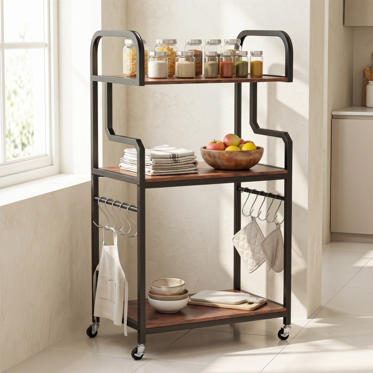 3-Tier Rolling Printer Stand with Storage Shelves and Hooks-Rustic Brown