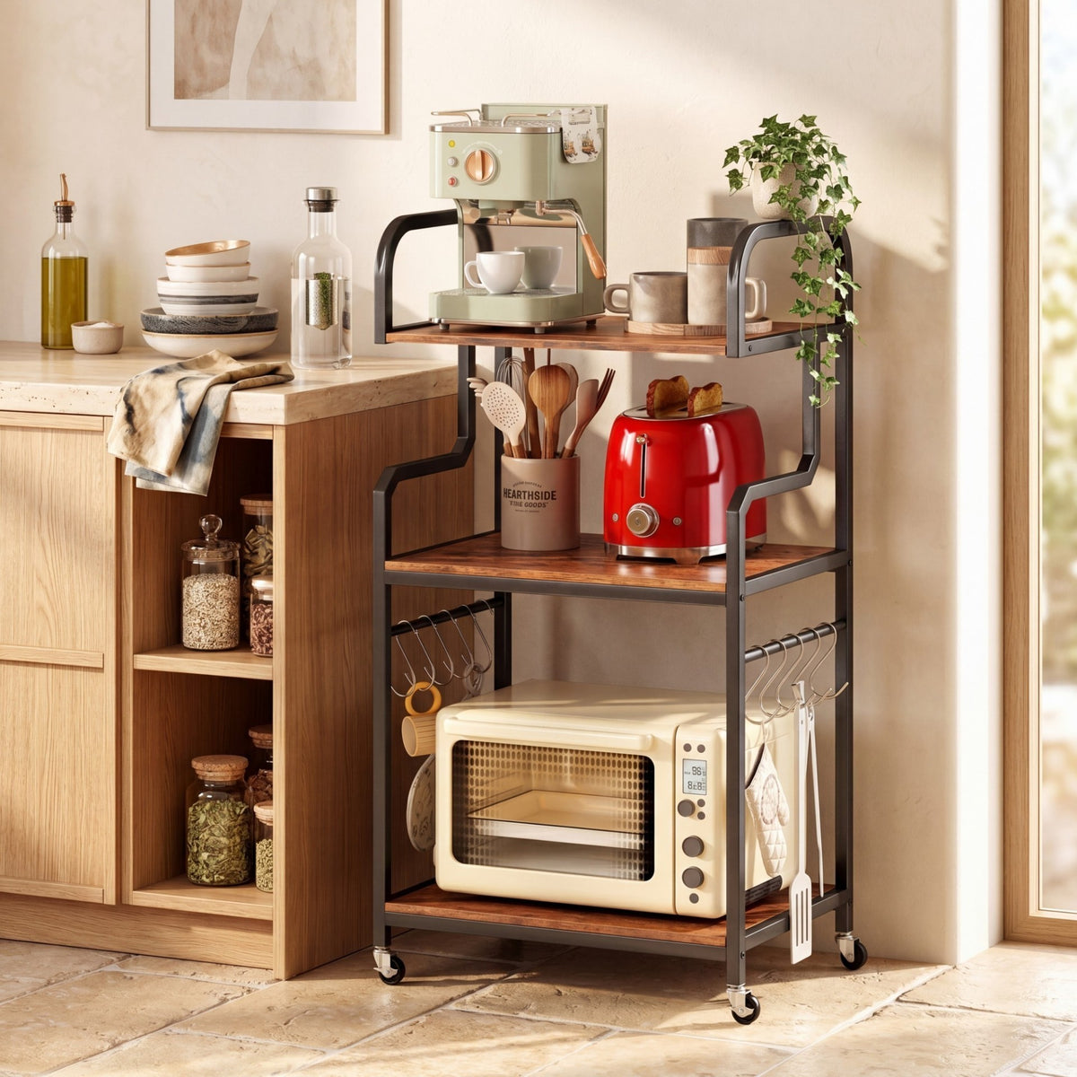 3-Tier Rolling Printer Stand with Storage Shelves and Hooks-Rustic Brown