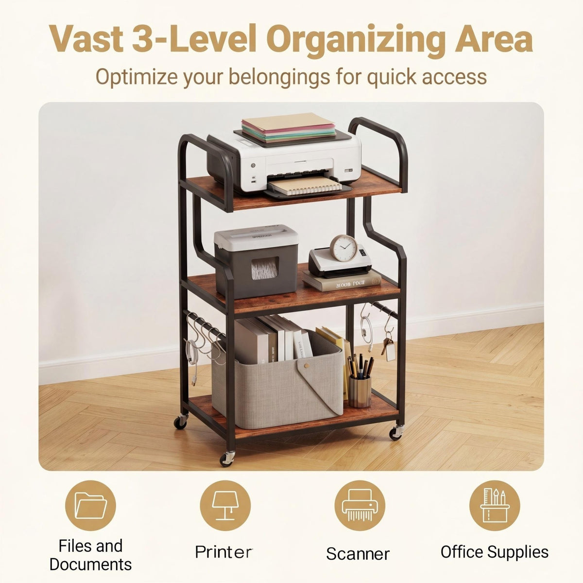 3-Tier Rolling Printer Stand with Storage Shelves and Hooks-Rustic Brown