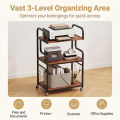 3-Tier Rolling Printer Stand with Storage Shelves and Hooks-Rustic Brown