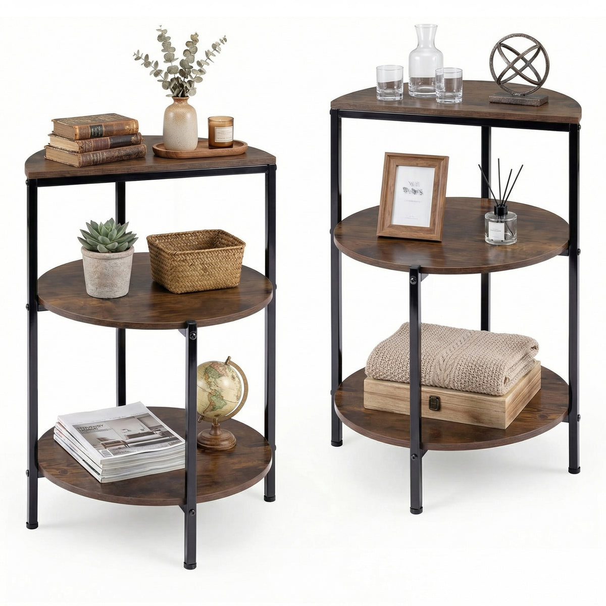 Two rustic brown 3-tier round side tables displaying decorative items