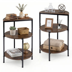 Two rustic brown 3-tier round side tables displaying decorative items