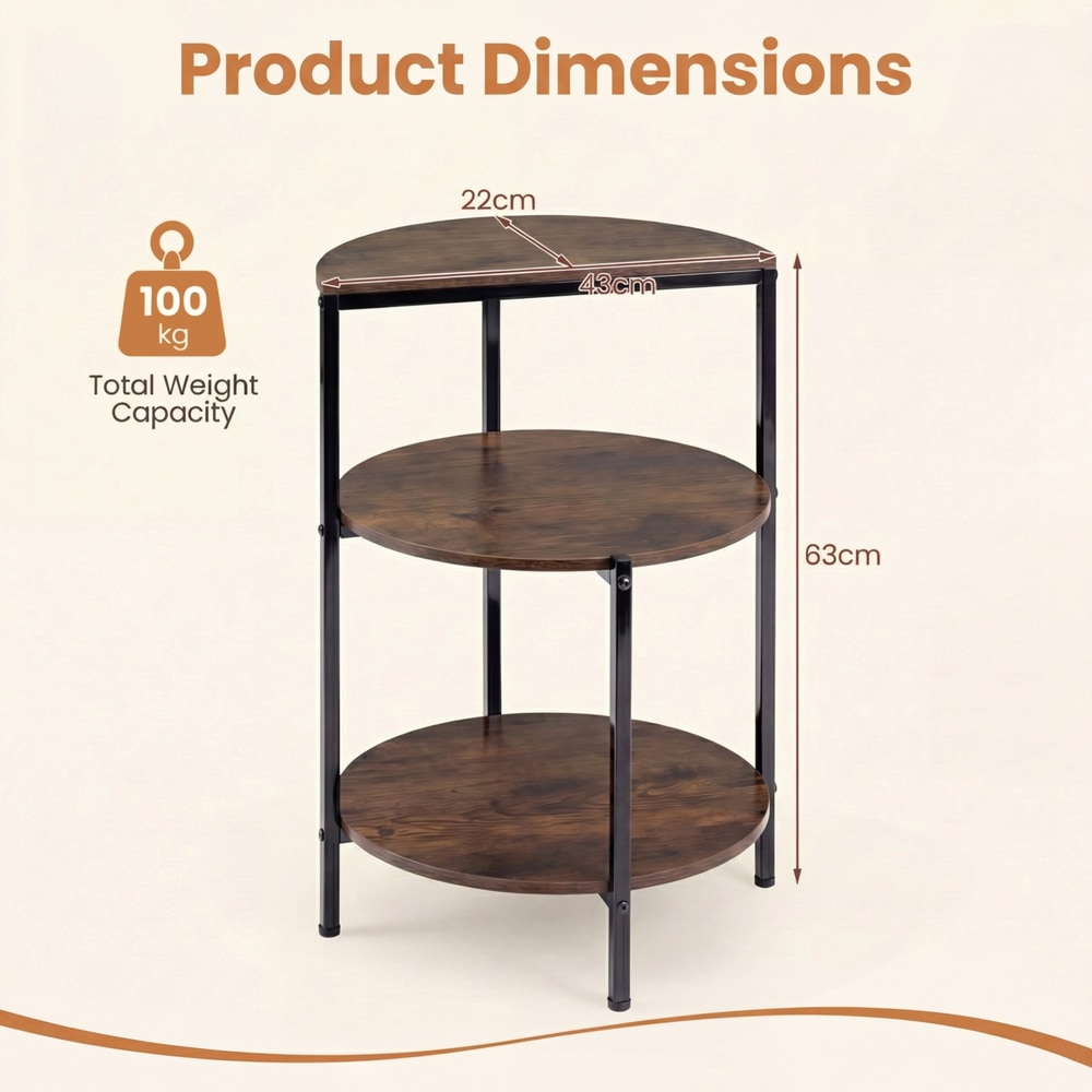 Diagram showing the dimensions of a rustic brown 3-tier round side table