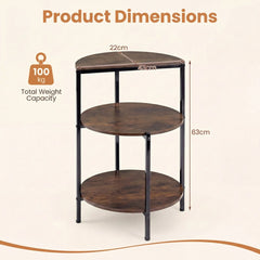 Diagram showing the dimensions of a rustic brown 3-tier round side table