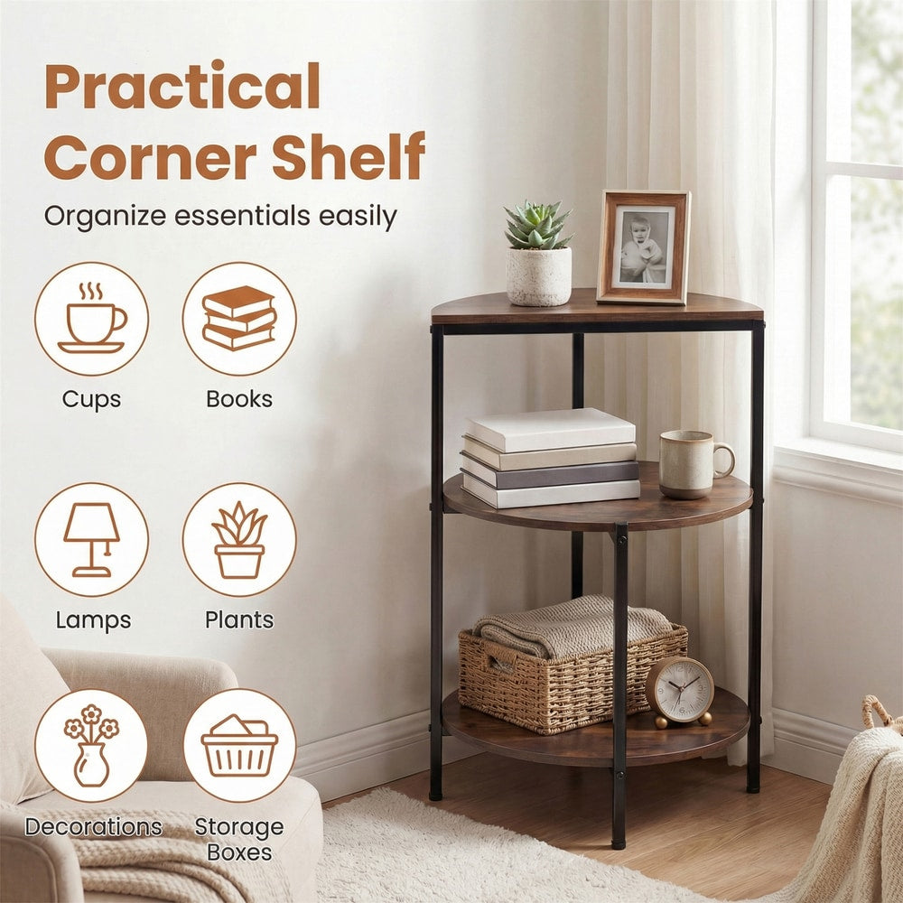 A rustic brown 3-tier round side table shown as a practical corner shelf