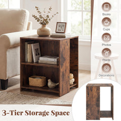 3-Tier Square Wooden End Table with Open Storage Shelves-Rusticbrown