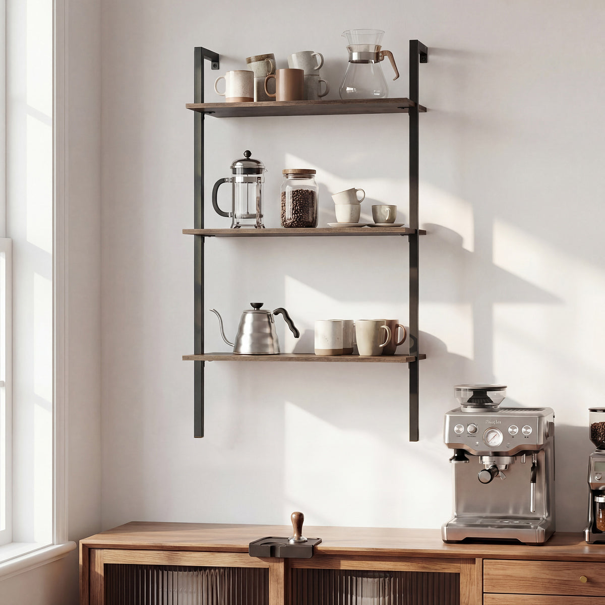 3-Tier Wall Mounted Shelves for Living Room Home Office-Rustic Brown