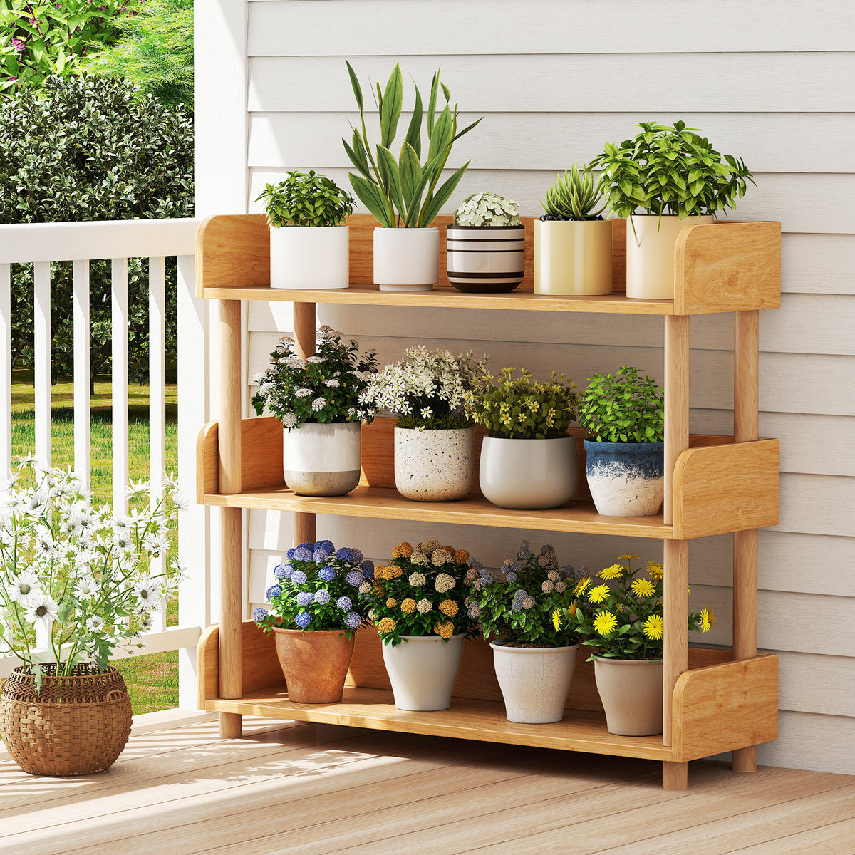 3-Tier Wooden Bookshelf with Sturdy Pine Wood Posts and Elevated Guardrails for Living Room-Natrual