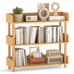 3-Tier Wooden Bookshelf with Sturdy Pine Wood Posts and Elevated Guardrails for Living Room-Natrual