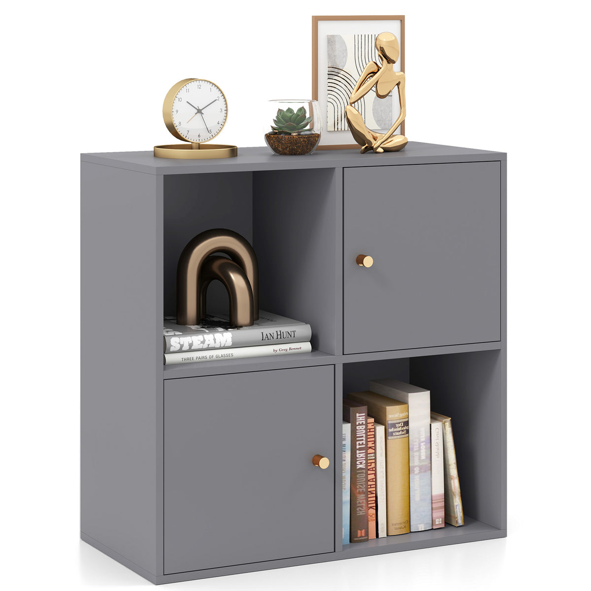 3-Tier Bookshelf with Dual Anti-Tipping Kits and 2 Cabinets in Grey