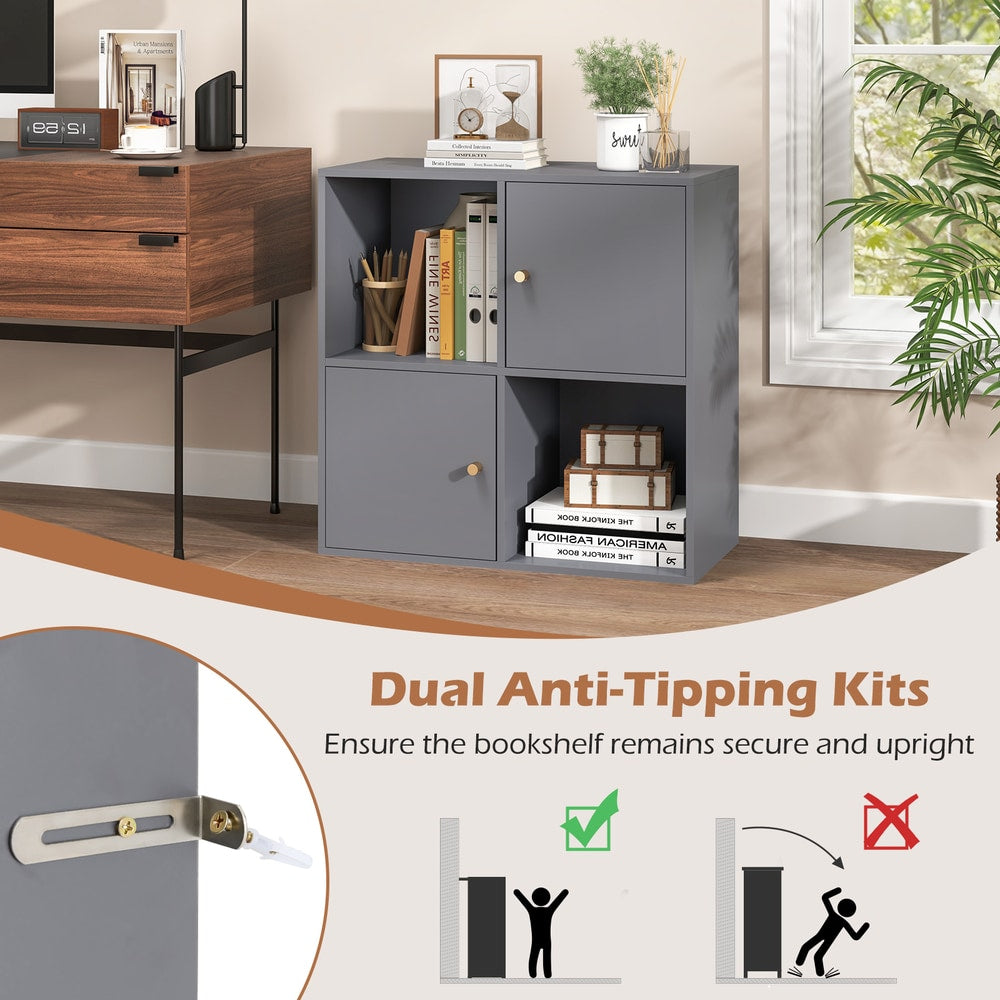 3-Tier Bookshelf with Dual Anti-Tipping Kits and 2 Cabinets in Grey