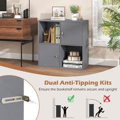3-Tier Bookshelf with Dual Anti-Tipping Kits and 2 Cabinets in Grey