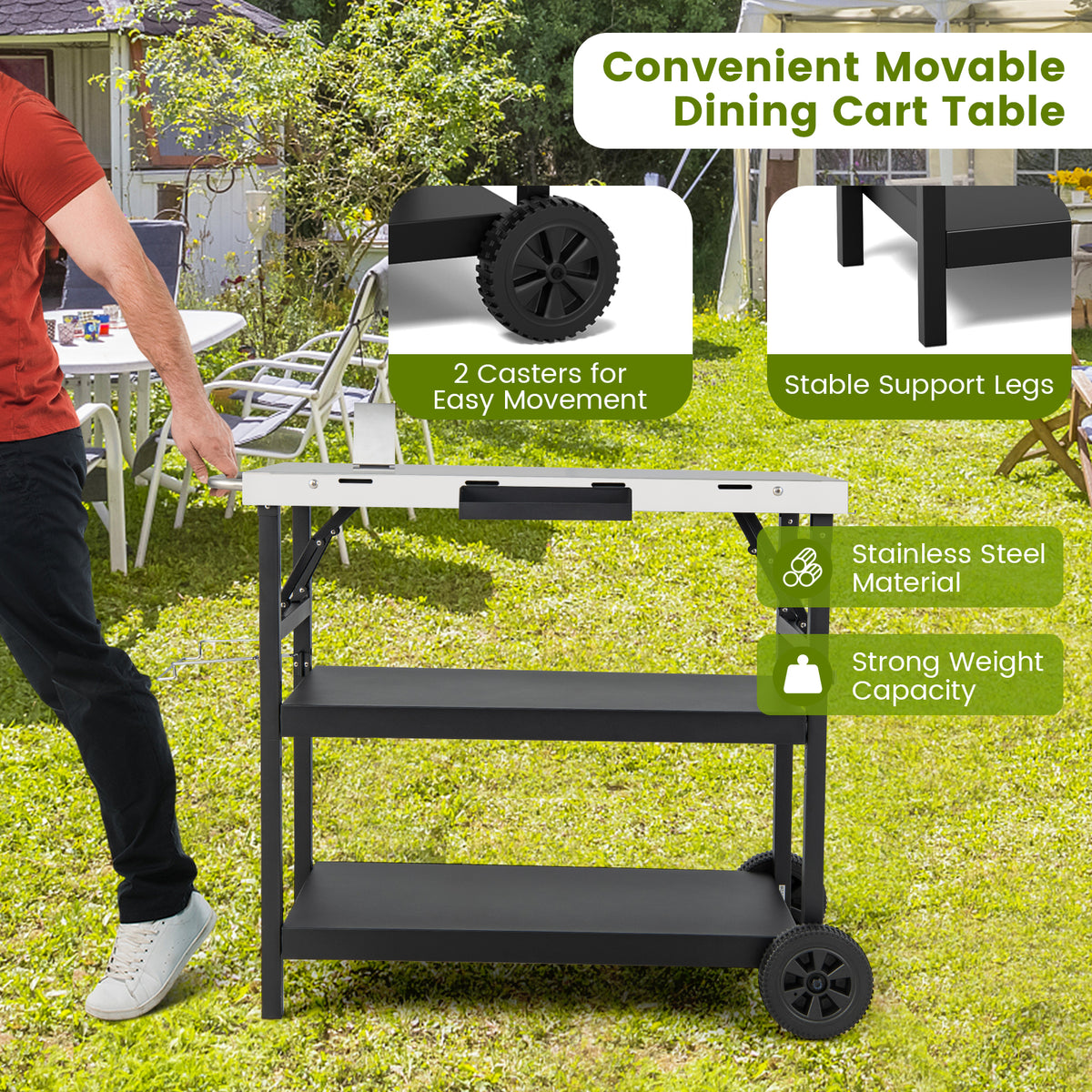 3-Tier Foldable Stainless Outdoor Cart with 2 Wheels-Black