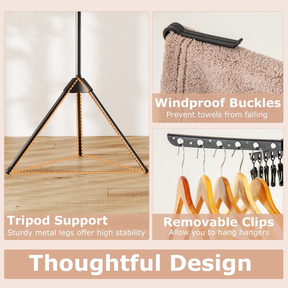Close up of the tripod base and clips on the laundry drying rack