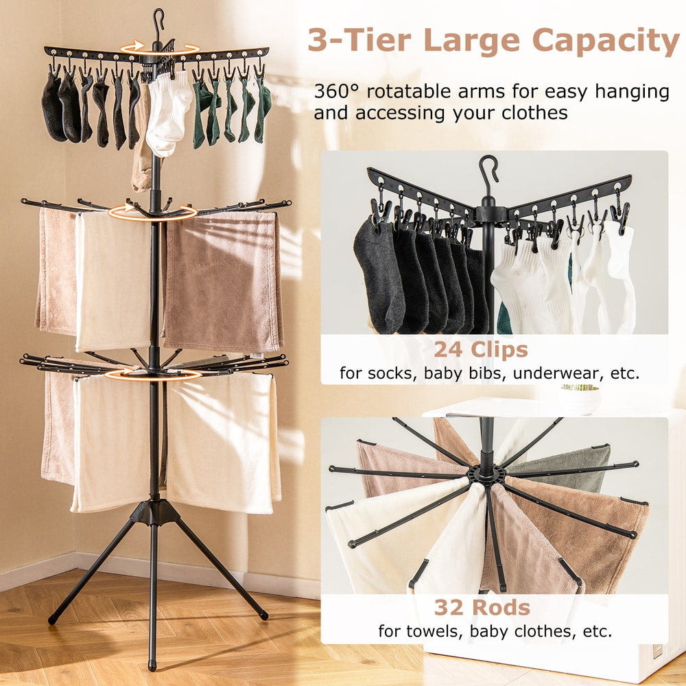 The 3-tier large capacity drying rack showing clips and rods for clothes