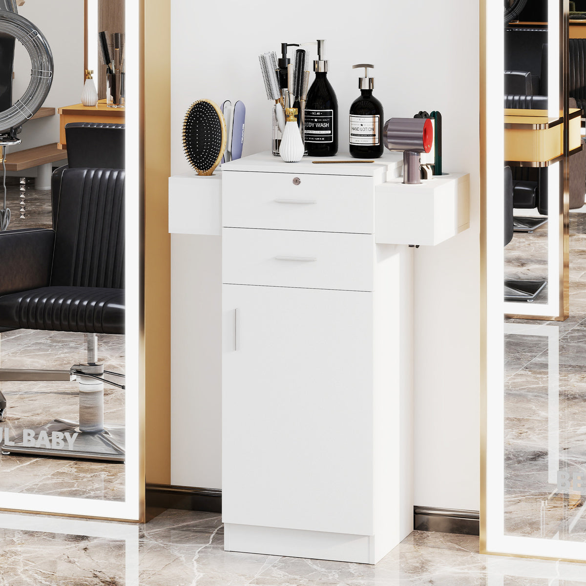 3-Tier Locking Salon Storage Cabinet with 2 Drawers and 6 Hair Dryer Holders-White
