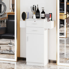 3-Tier Locking Salon Storage Cabinet with 2 Drawers and 6 Hair Dryer Holders-White