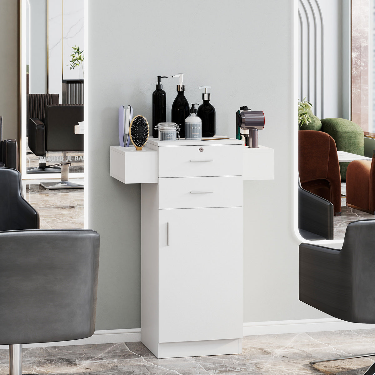3-Tier Locking Salon Storage Cabinet with 2 Drawers and 6 Hair Dryer Holders-White
