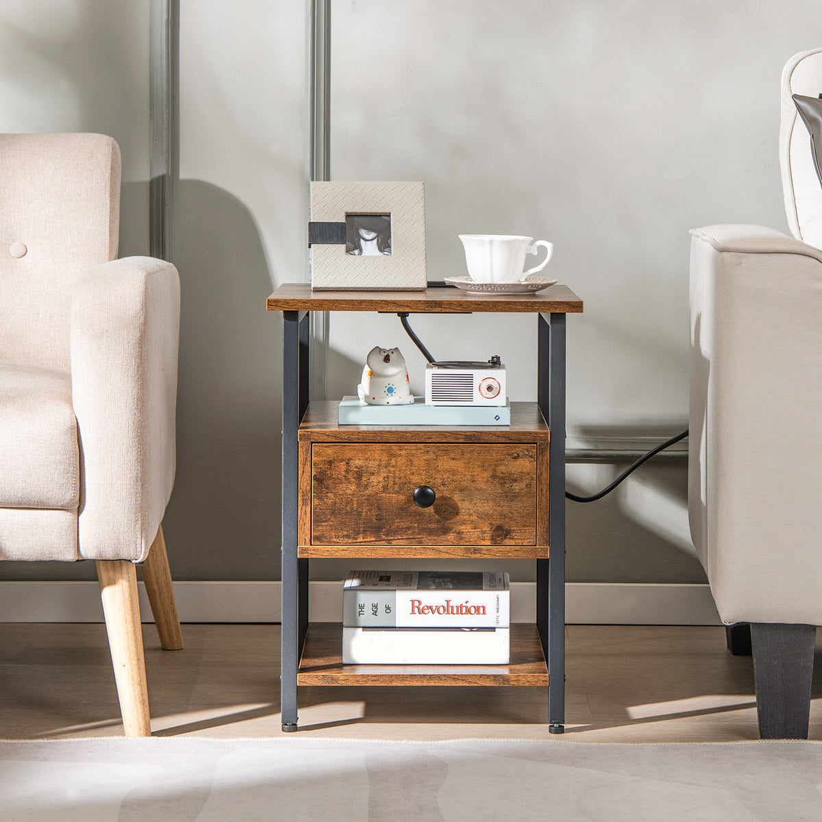 3-Tier Nightstand with Charging Station Open Shelves and Drawer-Brown