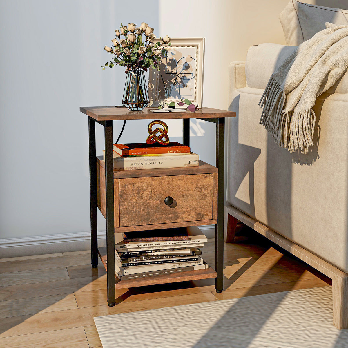 3-Tier Nightstand with Charging Station Open Shelves and Drawer-Brown