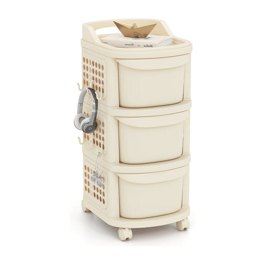 3-Drawer Rolling Plastic Utility Cart with 6 Hooks and Pegboard-White