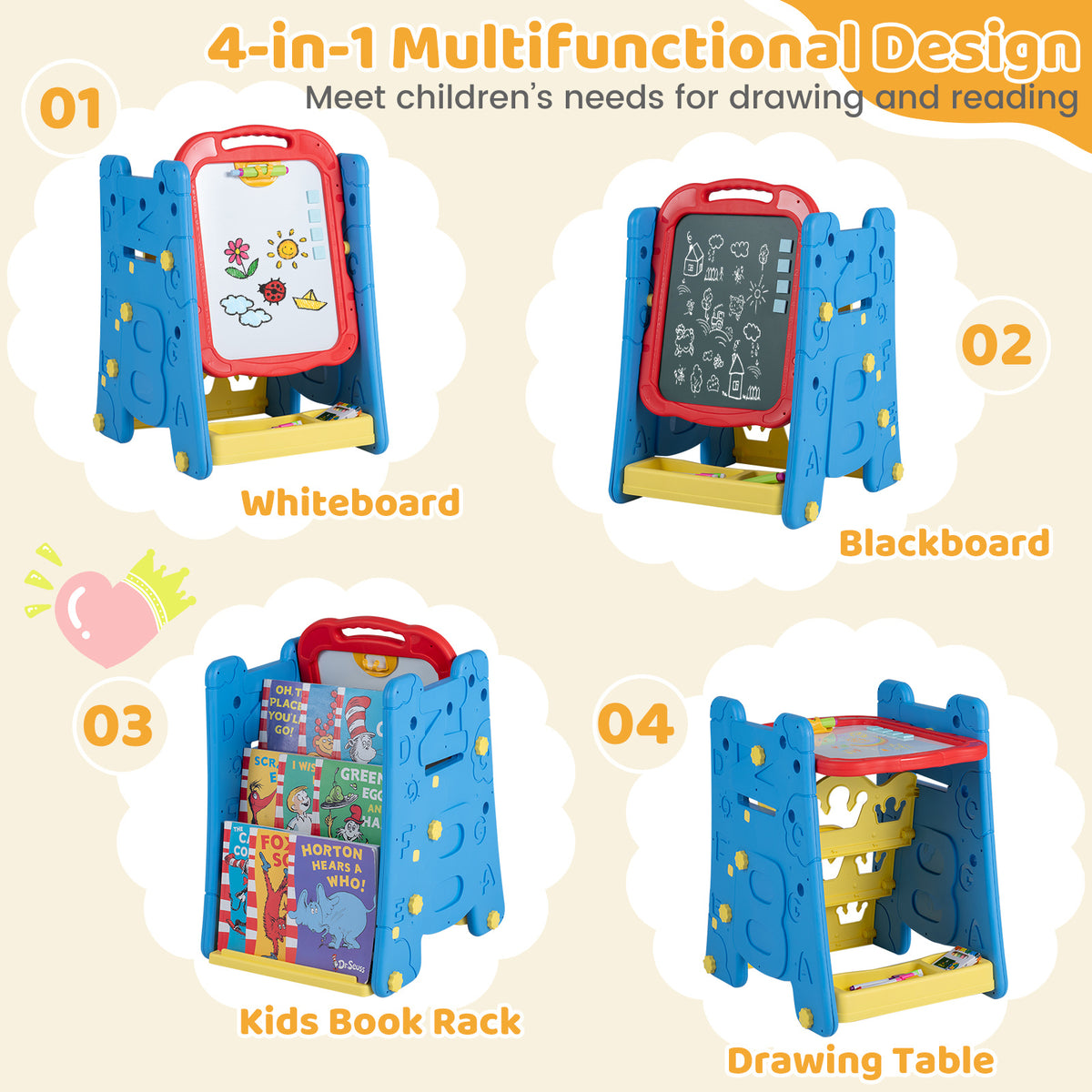 3 in 1 Art Easel for Kids Double Sided Magnetic Board Chalkboard and Whiteboard-Blue