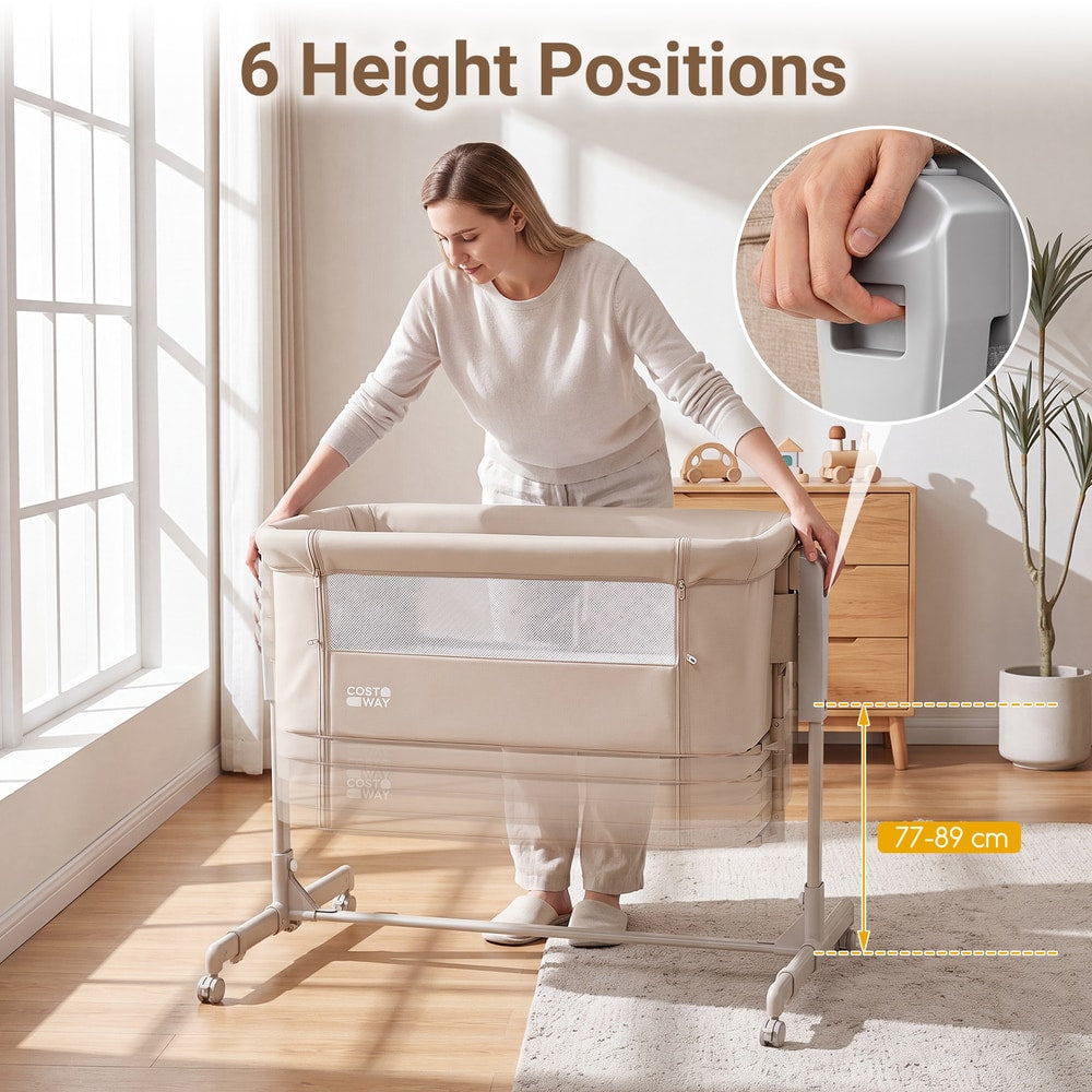 Woman adjusting the height of the beige bedside sleeper