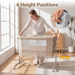 Woman adjusting the height of the beige bedside sleeper