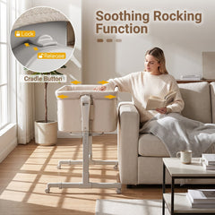 Close up of the rocking function lock and release button on the beige bedside sleeper