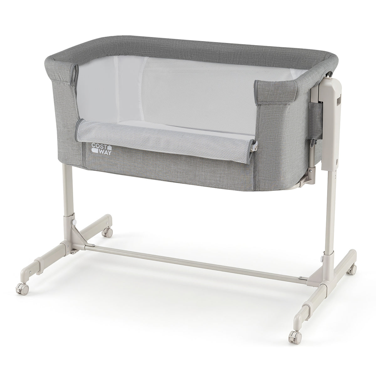 Grey bassinet and bedside sleeper with white frame and castors
