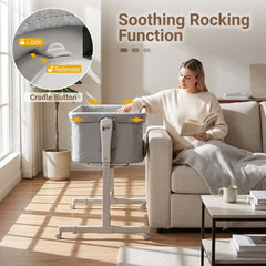 The grey bedside sleeper with a rocking function detail shown in a circular inset