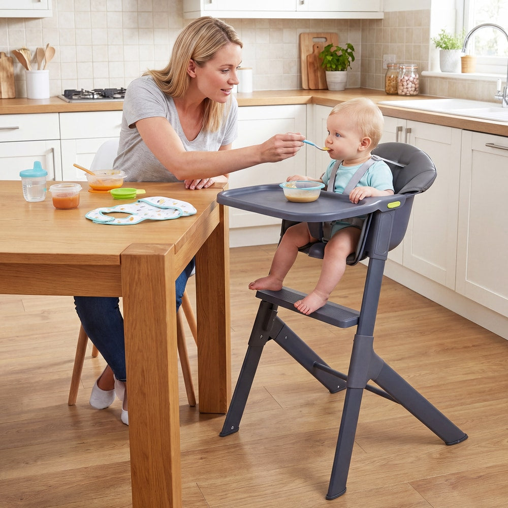 The high chair in a kitchen with a baby sitting in it while being fed by an adult at a table