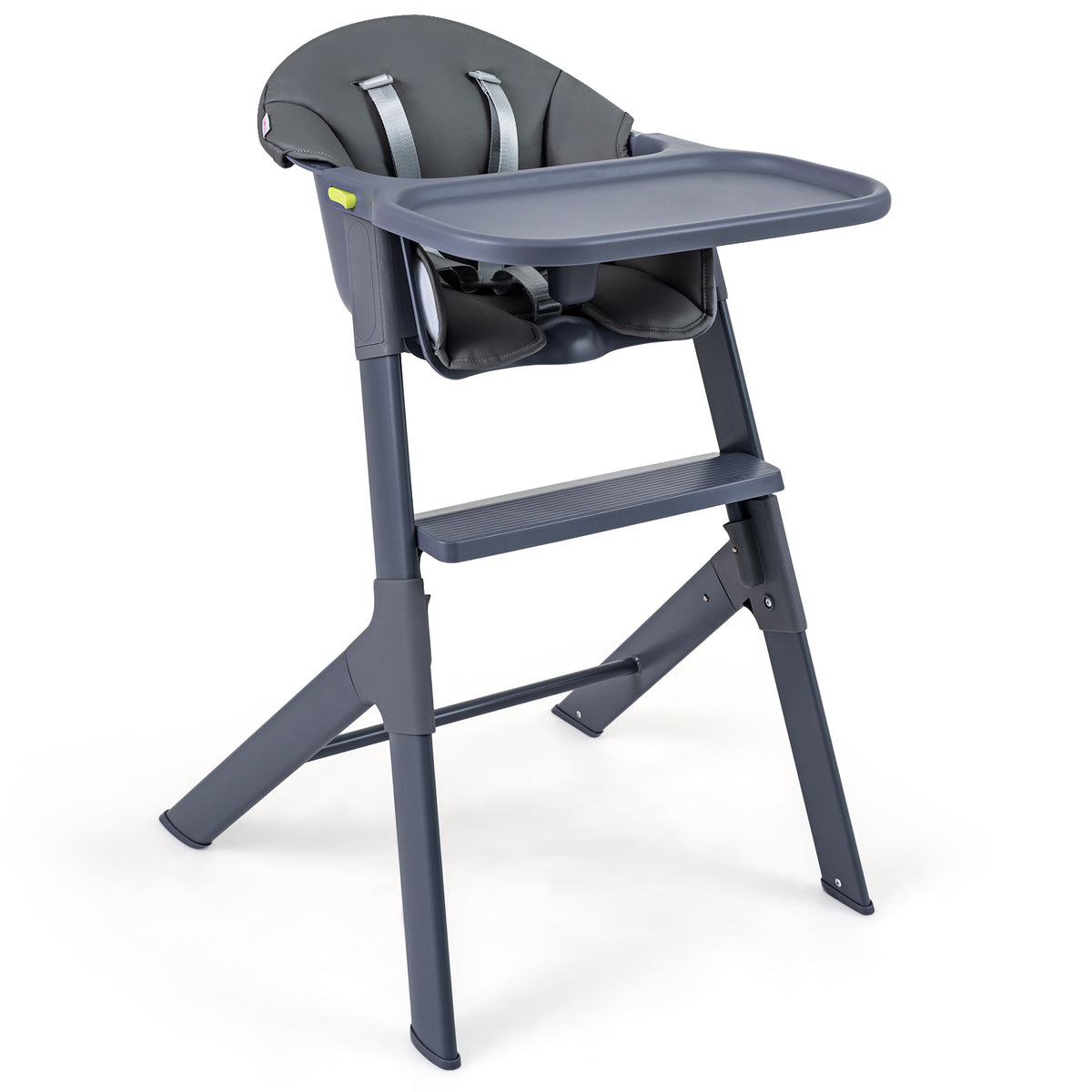 The grey high chair with a safety belt and tray standing alone against a white background