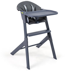 The grey high chair with a safety belt and tray standing alone against a white background
