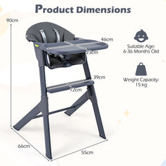 The high chair with technical lines showing the dimensions and age suitability information