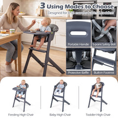 The high chair showing three different modes of use and close-ups of the safety features