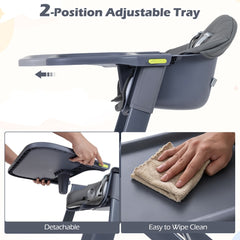 The high chair tray being adjusted and wiped clean by a hand with a cloth