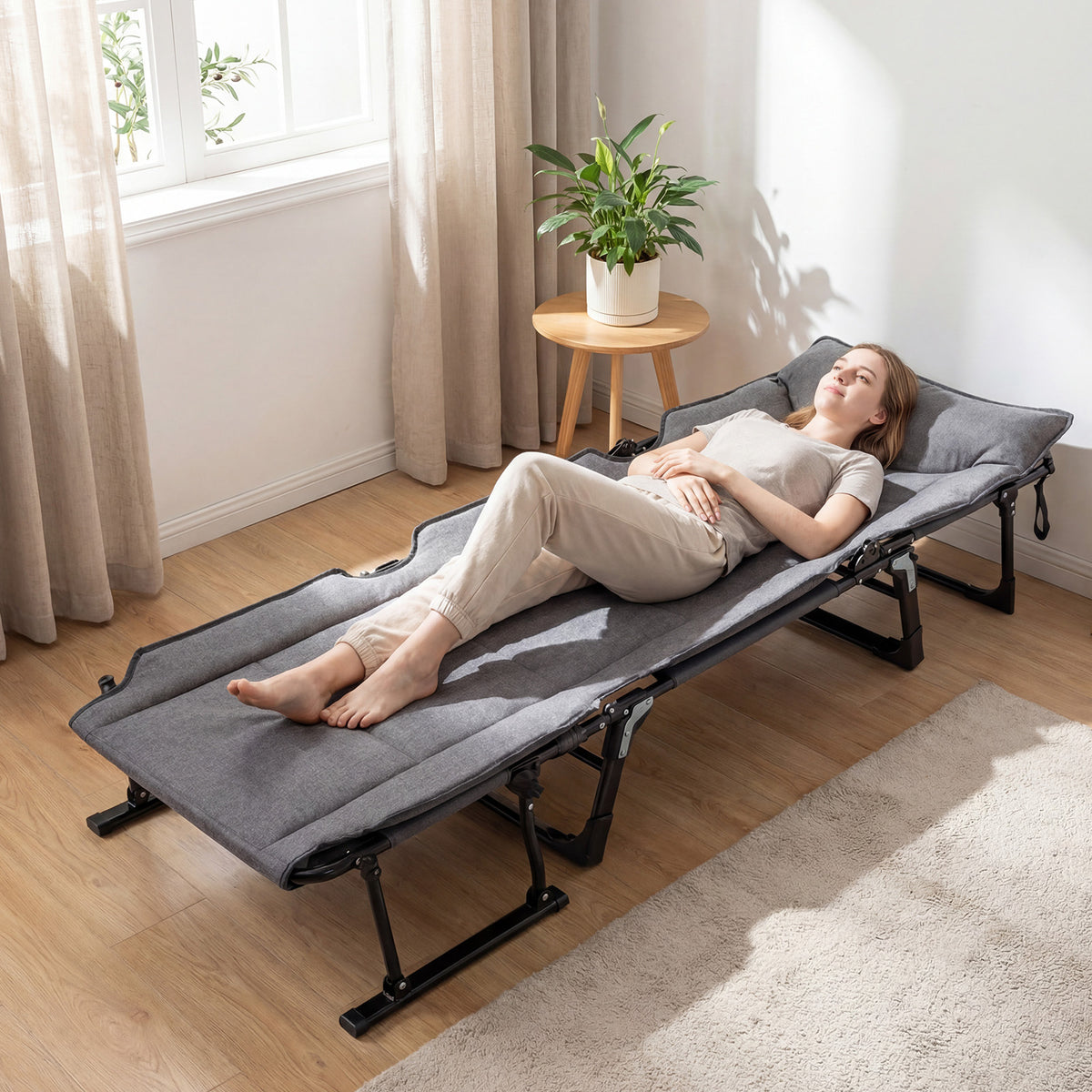 3-in-1 Folding Camping Cot Convertible Heavy Duty Metal with Adjustable Backrest-Grey