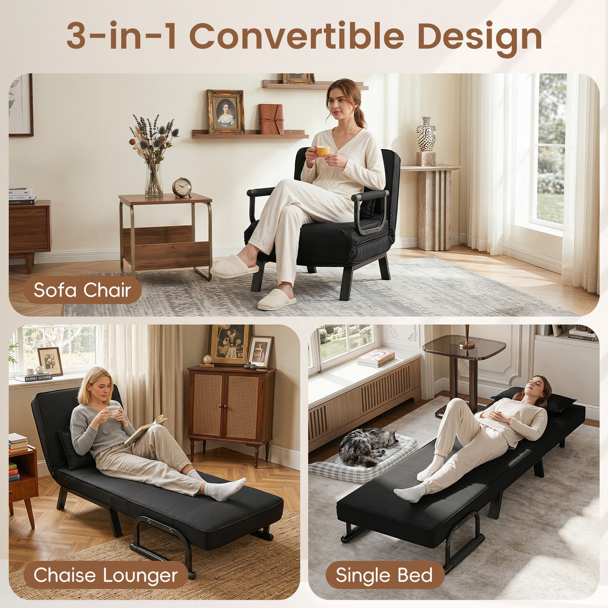 3-in-1 Folding Sofa Bed with Adjustable Backrest with Adjustable Backrest-Black