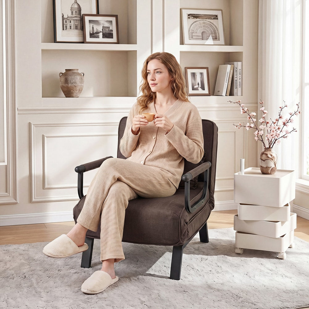 Woman relaxing in the brown sofa bed in a living room setting