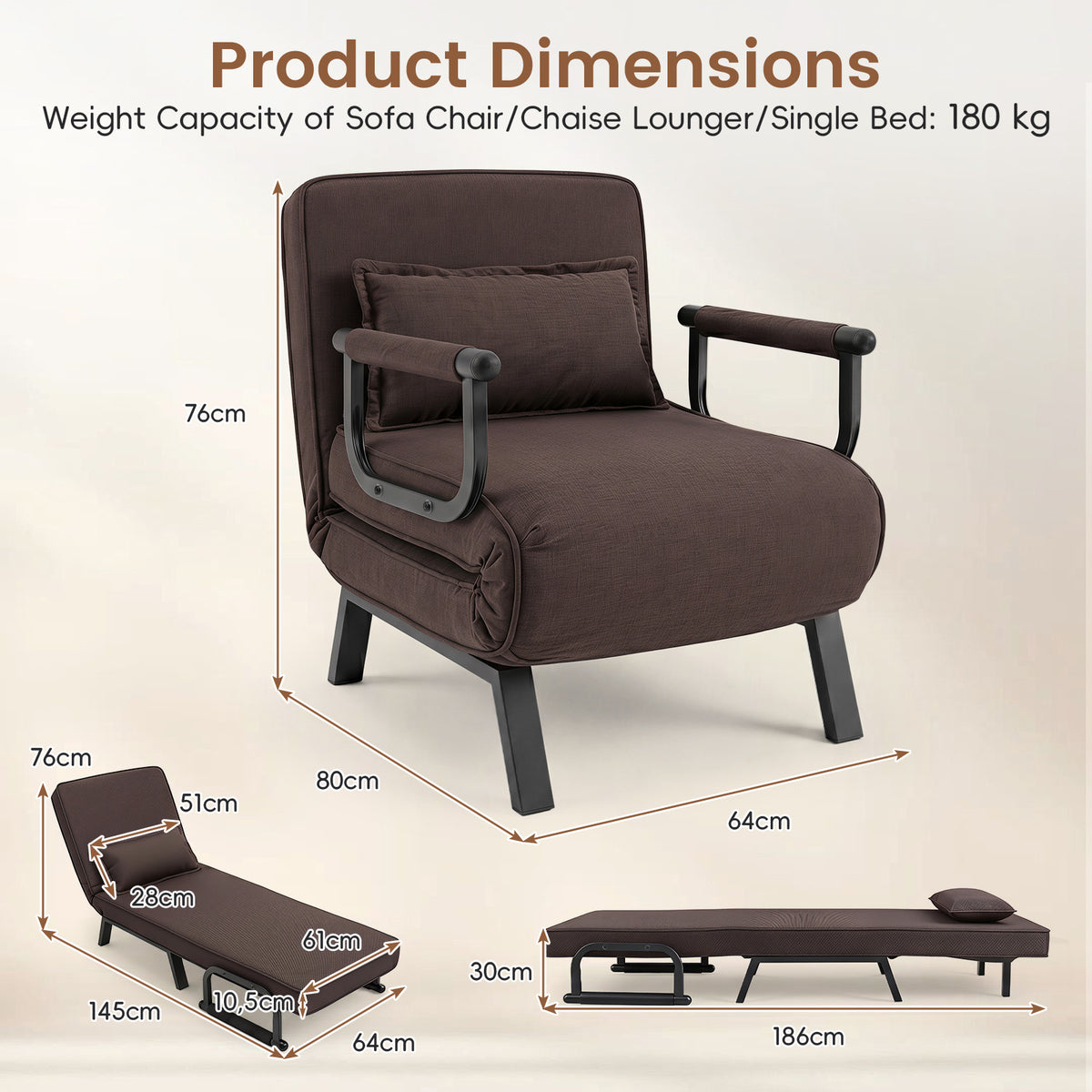 3-in-1 Folding Sofa Bed with Adjustable Backrest with Adjustable Backrest-Brown