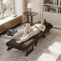 Woman sleeping on the brown sofa bed in a room with a cat